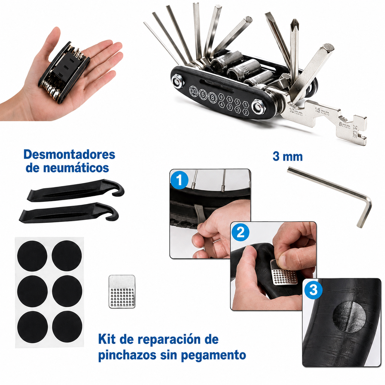 Kit de Herramientas para Bicicleta | Multiherramienta Portátil de Reparación con Parches